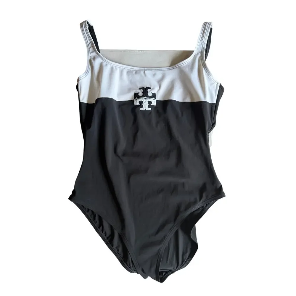 Tory Burch Logo Colorblock One Piece Swimsuit Black White Medium